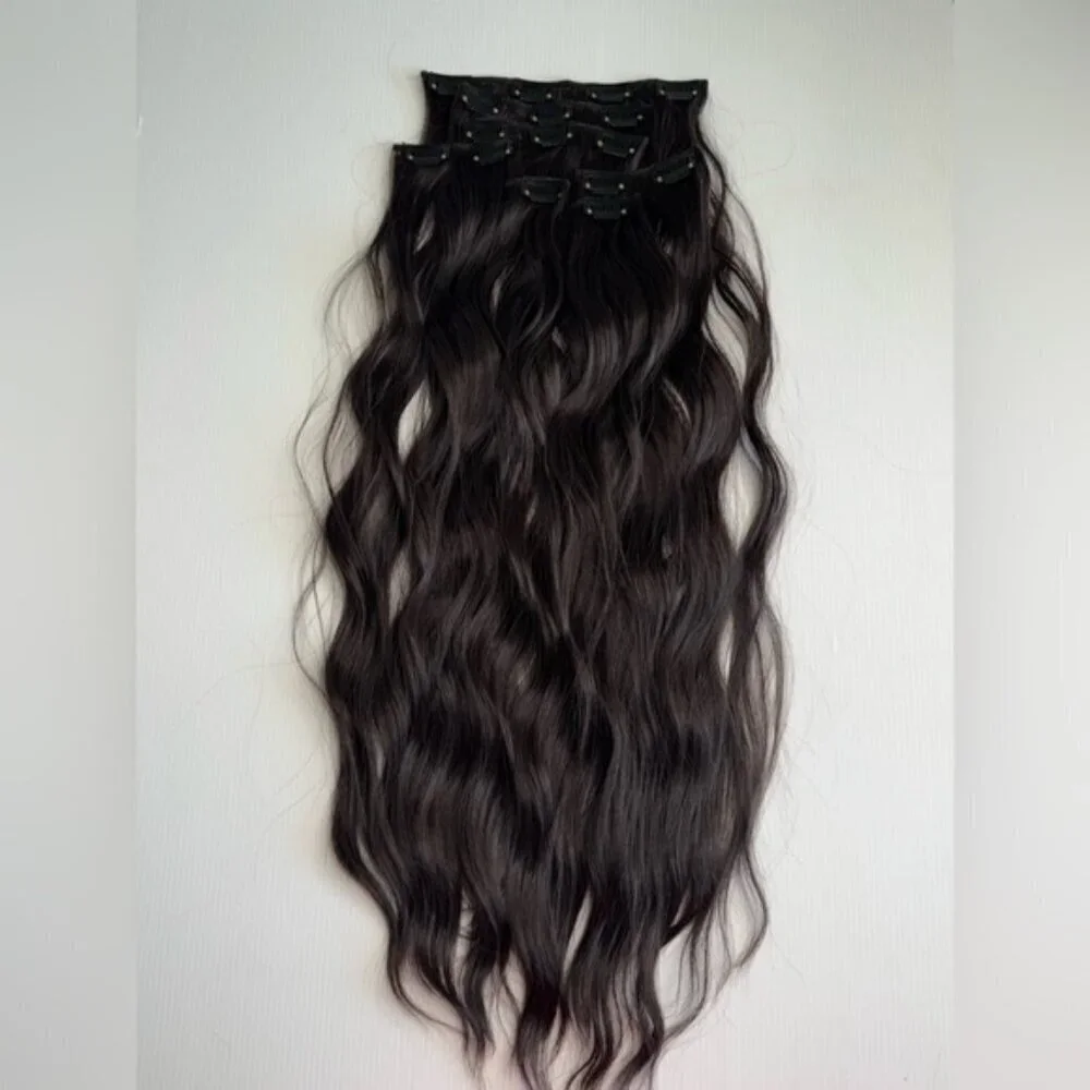 Dark Brown Water Wave Clip in Hair‎ Extensions - Human hair Blend